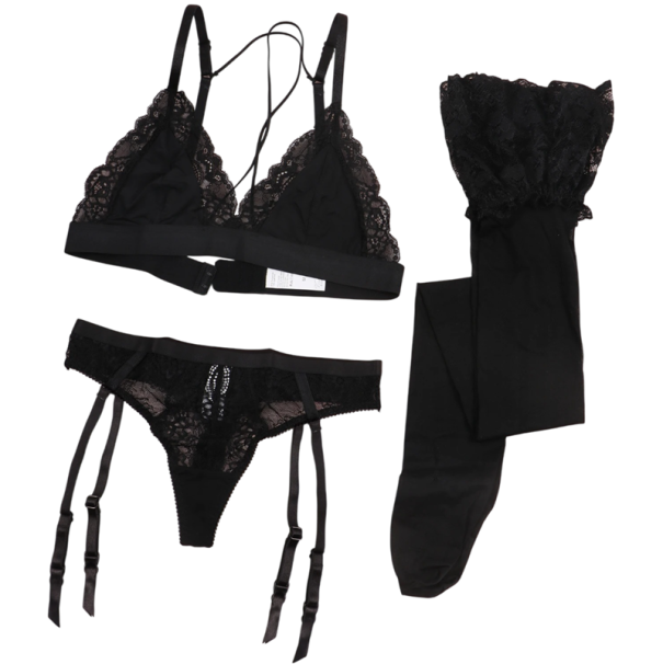 Ladies' Lace Underwear Set with Suspenders and Stockings Bra Briefs Polyamide Elastane Black for Everyday Wear S