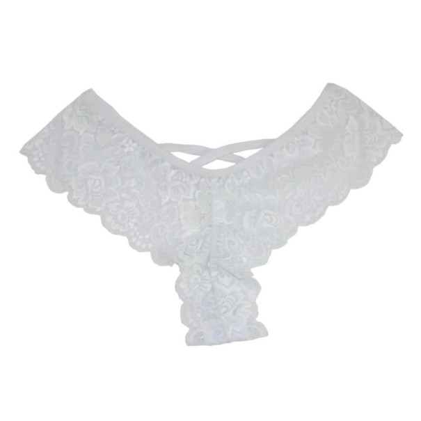 Ladies' Lace V-String Thong with a V-Shaped Back Crossed Thin Straps Floral Lace with Wavy Hem Spandex white S