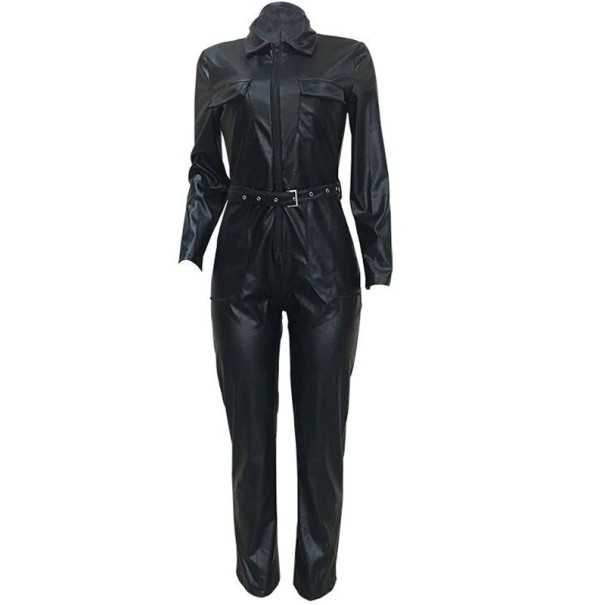 Ladies' Leather Jumpsuit with Deep Neckline B846 M