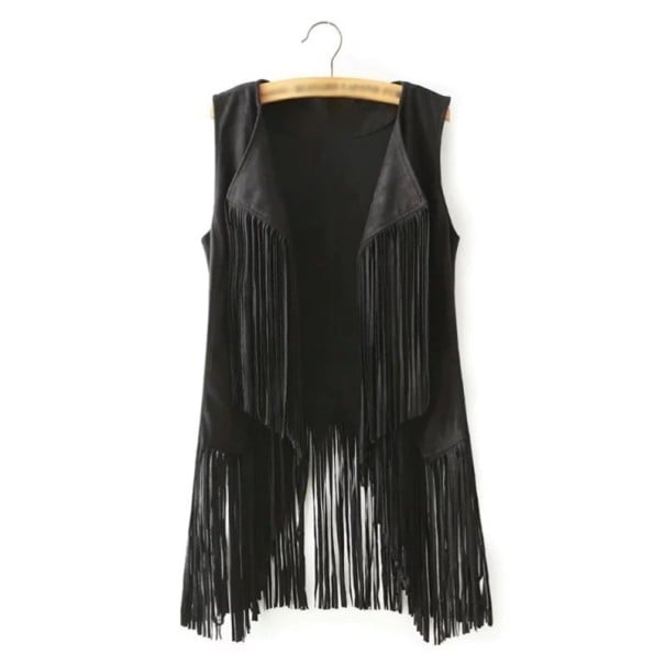 Ladies' Leather Waistcoat with Fringes P1771 black S