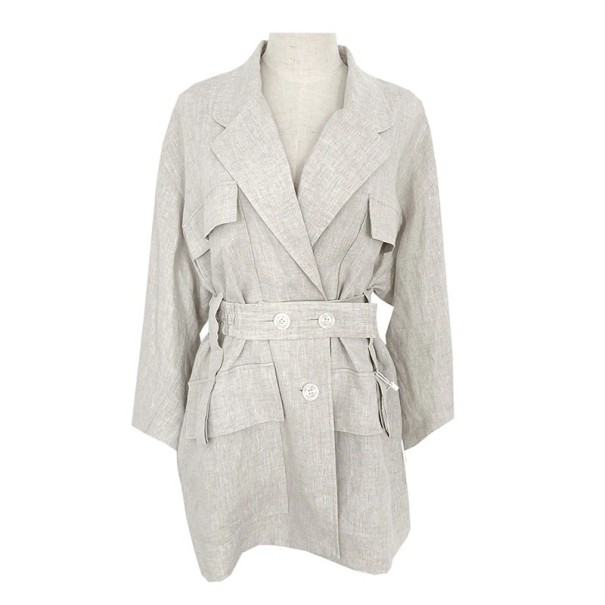 Ladies' Linen Spring Jacket with Buttoned Waist Belt Lapel Collar Four Flap Pockets Longer Cut Over Hips Light Beige XS