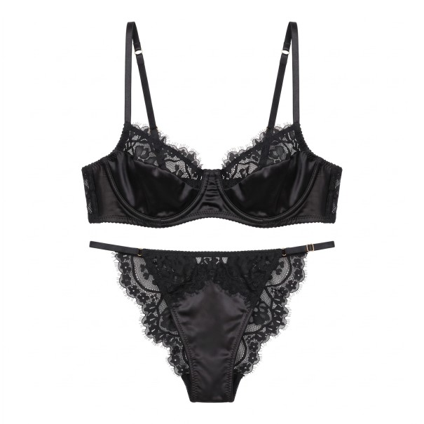 Ladies' Lingerie Set Bra with Underwire and Lace Trimmed Cups and Knickers with Lace Sides and Adjustable Straps black S