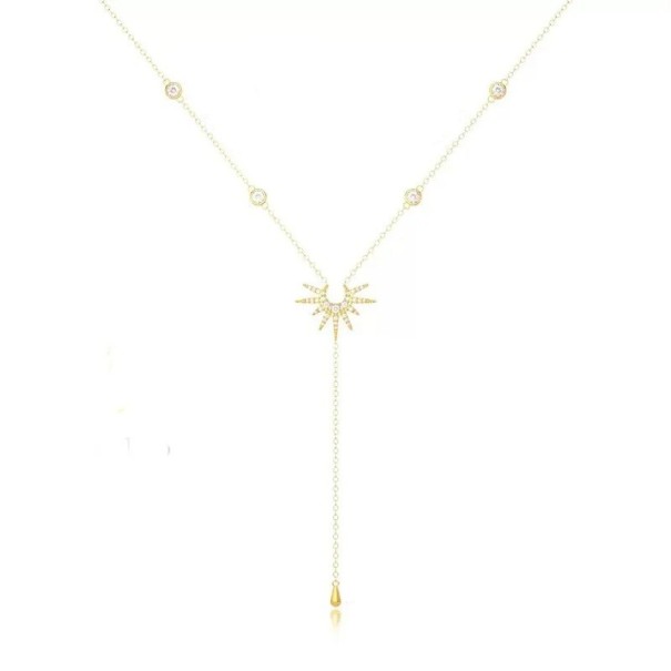 Ladies' Long Chain Necklace with Teardrop Pendant Zircon Sun Simple Metal Choker Necklace with Hanging Chain gold