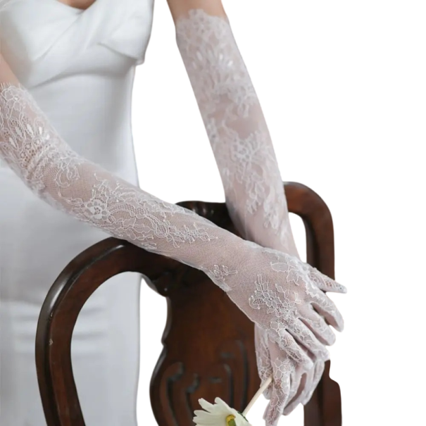 Ladies' Long Lace Gloves Full-Fingered Breathable Nylon White Elegant Gloves for Social Events and Festive Occasions 1