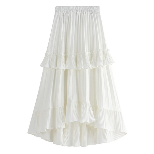 Ladies' Long Layered Skirt with Frills Delicately Pleated Fabric Elasticated Waistband Asymmetrical Hem Shorter at the Front Flared Cut white
