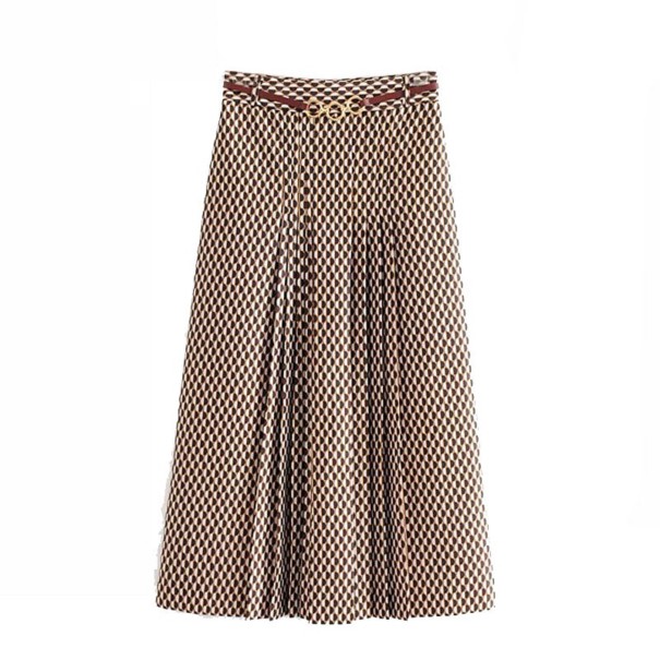 Ladies' Long Pleated Skirt with Geometric Pattern in Brown Tones Thin Belt with Gold Buckle A-Line Cut Polyester and Acrylic S