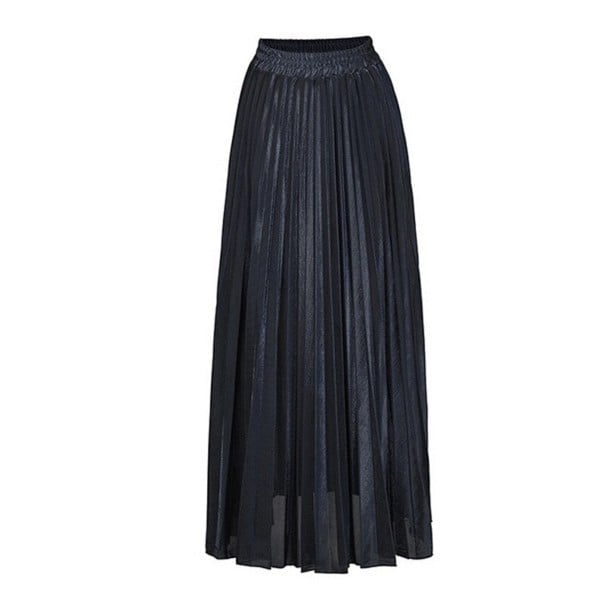 Ladies' Long Pleated Skirt with Metallic Shine Gathered Elastic Waistband Delicate Pleats Flowing Cut Material Polyester with Spandex black L