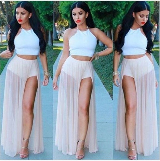 Ladies' Long Sheer Skirt with High Slit Lightweight Flowing Chiffon Made from Polyester Loose Maxi Cut with Length Down to the Ankles beige