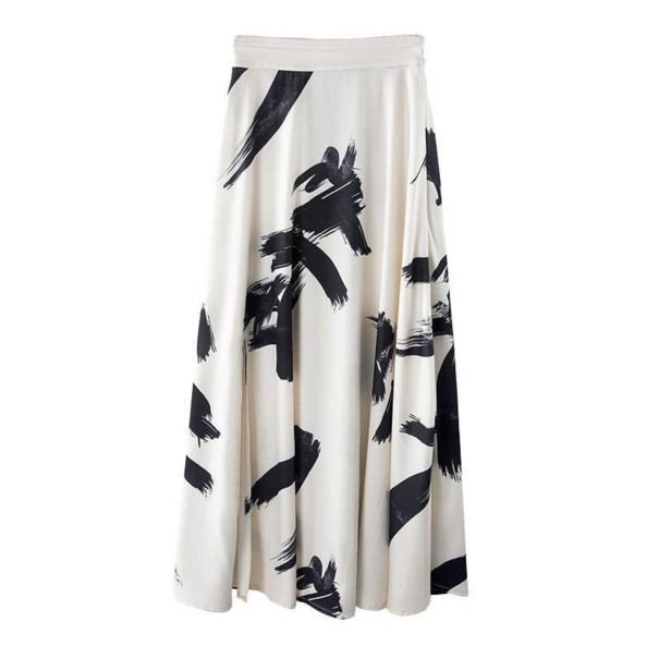 Ladies' Long Skirt with Abstract Pattern White with Black Brush Strokes Flared Cut with Slit Flowing Fabric Made of Polyester and Cotton L