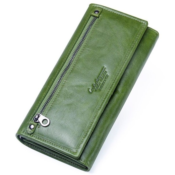 Ladies' Long Wallet Made of Genuine Leather with a Flap and a Zip Pocket for Coins on the Front Glossy Surface with Stitched Edges 19 x 10 olive