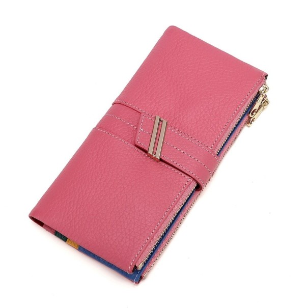 Ladies' Long Wallet Made of Grain Leather Strap with Metal Buckle Zip Along the Edge Contrast Stitching 19.5 x 10 x 1.3 cm pink