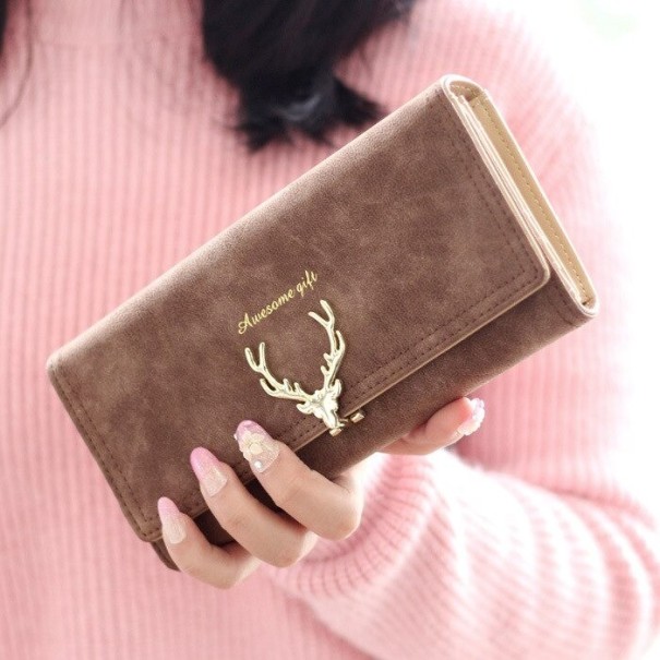 Ladies' long wallet with a golden metal decoration of a deer head Flap closure Matte surface Artificial leather PU 19.5 x 9.5 x 2.5 cm brown