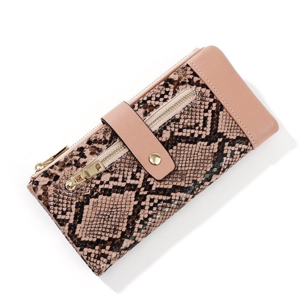 Ladies' Long Wallet with Snake Pattern Main Zip Front Zip Pocket Loop with Snap Fastener Artificial Leather PU and Polyester 19 x 9.5 x 2.5 old rose