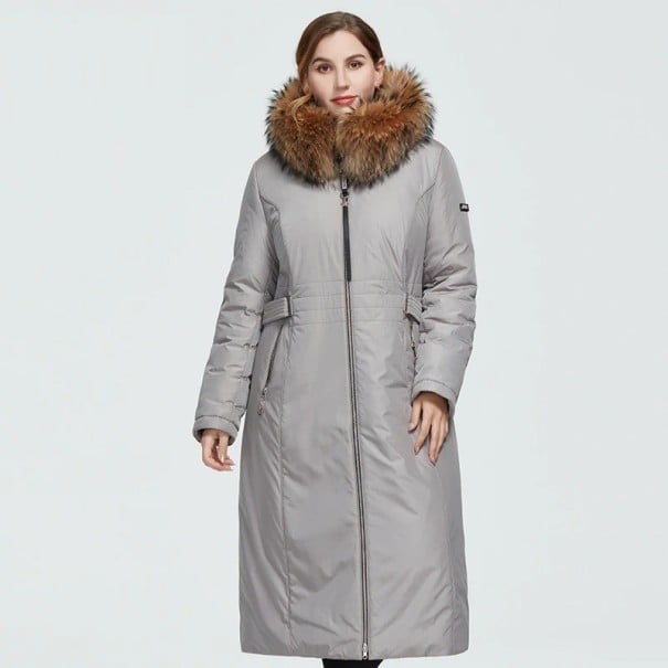 Ladies' Long Winter Coat with Hood and Furry Trim Tapered Waist with Side Straps Zip Fastening Polyester For Cold Days grey XL