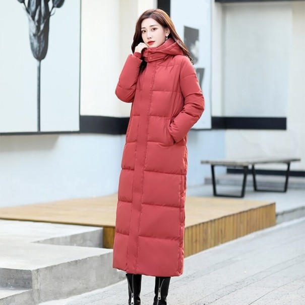 Ladies' Long Winter Coat with Hood and High Collar Ankle-Length Wide Quilted Chambers Side Slits and Pockets Polyester brick red M