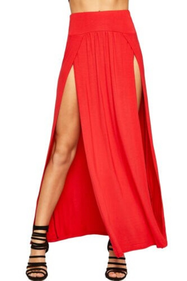 Ladies' Maxi Skirt with Two High Slits at the Front Wide Smooth Waistband Flowing Cut from Lightweight Polyester Long Summer Skirt red