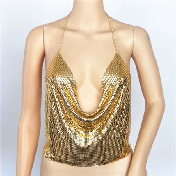 Ladies' Metallic Crop Top with a Deep Neckline gold