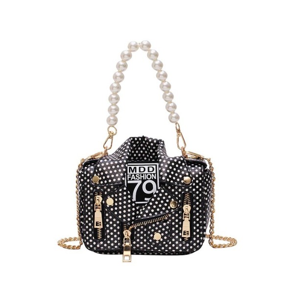 Ladies' mini handbag in the shape of a biker jacket with polka dots Pearl handle Gold chain strap Zips and metal studs Artificial leather 18 x black