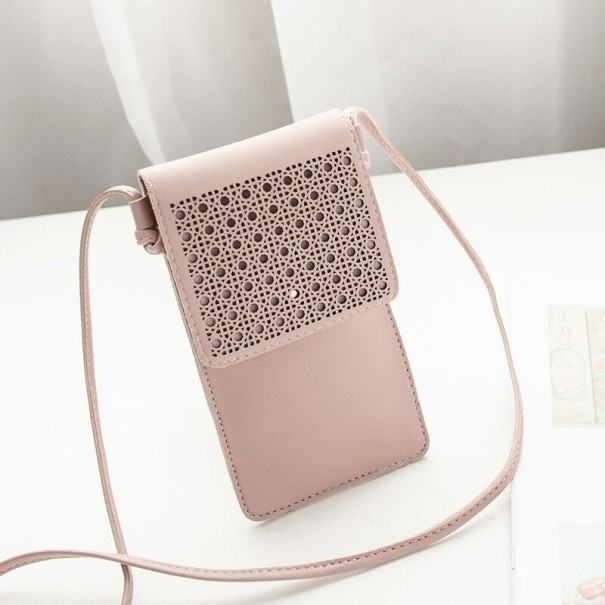 Ladies' mobile phone bag 20 x 11 cm Flap with perforated pattern Transparent window for display Long thin strap to wear over the shoulder pink