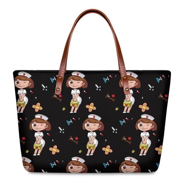 Ladies' neoprene handbag with a print of nurses and medical supplies Size 39 x 29 x 11.5 cm Brown handles with studs 4