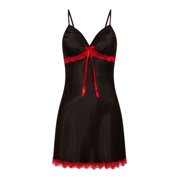 Ladies' Nightdress with Thin Straps and V-Neck with Decorative Bow with Long Ends and Lace Under the Cups and on the Hem black L