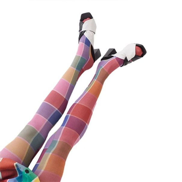 Ladies' Patterned Sheer Tights Colourful Checkered Tights with Rainbow Motif Stylish Accessory Elastic Fashion Tights 1