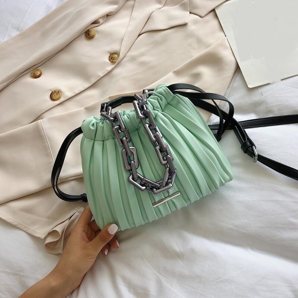 Ladies' Pleated Handbag with Drawstring Chunky Chain for Hand Carrying Long Strap for Shoulder Carrying Synthetic Leather 23 x 18 x 8 cm turquoise