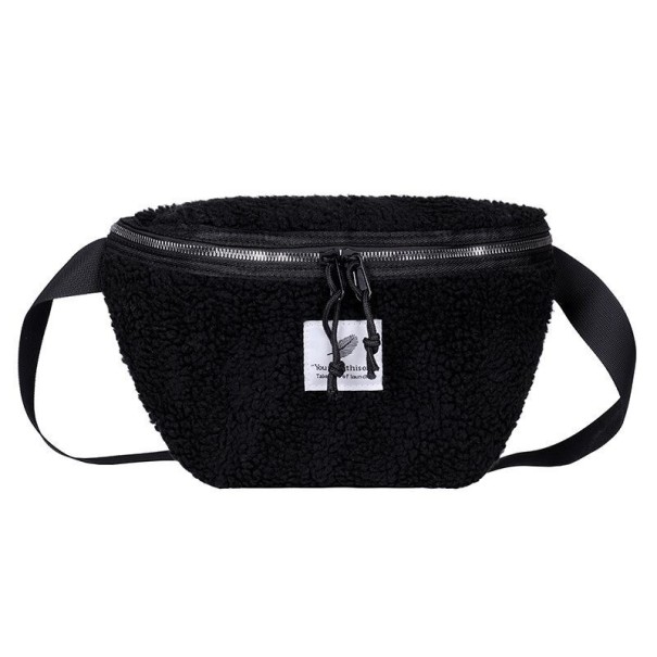 Ladies' Plush Waist Bag with Curly Surface Zip Closure with Cord Loops Textile Strap Wear Around the Waist or Across the Body black