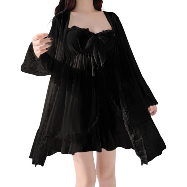 Ladies' Pyjama Set with Spaghetti Strap Nightdress and Long Sleeve Lace Trimmed Wrap black M