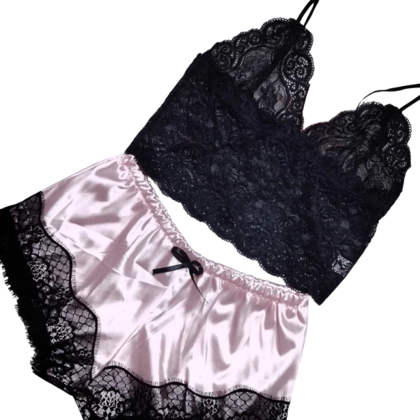 Ladies' Pyjamas with Lace and V-Neck Plain Polyester Set with Straps and Shorts Elegant Summer Model for Comfortable Sleep pink M