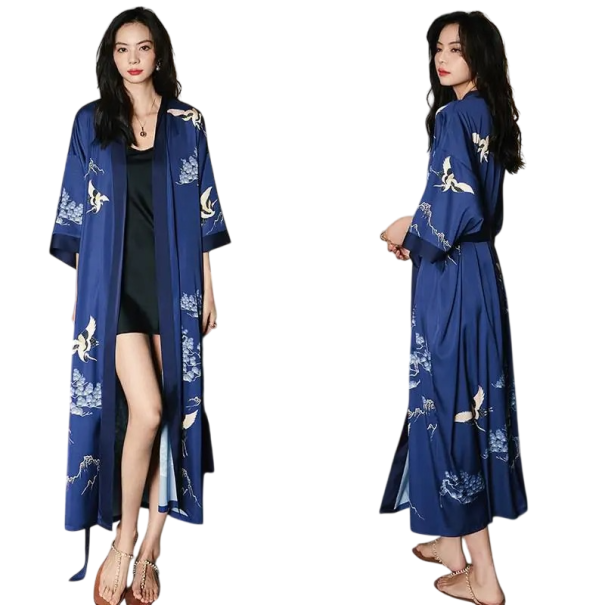 Ladies' Robe Universal Size Blue Colour With Floral and Bird Motif Waist Tie Lightweight Elegant Robe Made of Artificial Silk and Polyester 1