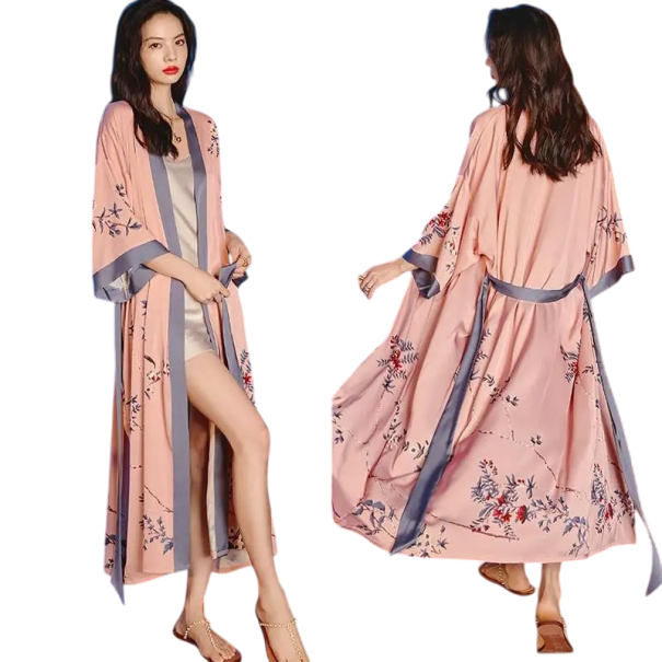 Ladies' Robe Universal Size Pink Colour With Floral Pattern Waist Tie Lightweight Robe Made of Artificial Silk and Polyester Elegant Home Robe 1