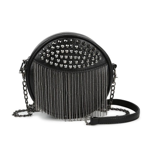 Ladies' Round Crossbody Bag with Studs and Fringes Made of Metal Chains Chain Strap Black PU Leather and Polyester Dimensions 18 x 18 x 6 cm 1