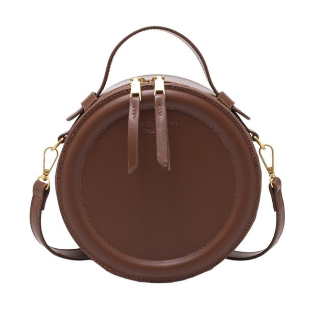 Ladies' Round Crossbody Handbag with Top Handle and Shoulder Strap Zip with Two Sliders PU Leather and Polyester 20 x 20 x 8 cm dark brown