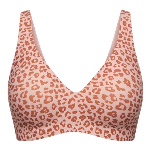 Ladies' Seamless Non-Wired Bra with Leopard Print and Deep V-Neck in Pink with Wide Straps M