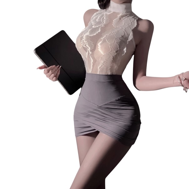 Ladies' Secretary Costume for Adults White Lace Sleeveless Top with Stand-Up Collar and Grey Fitted Mini Skirt Universal Size 1