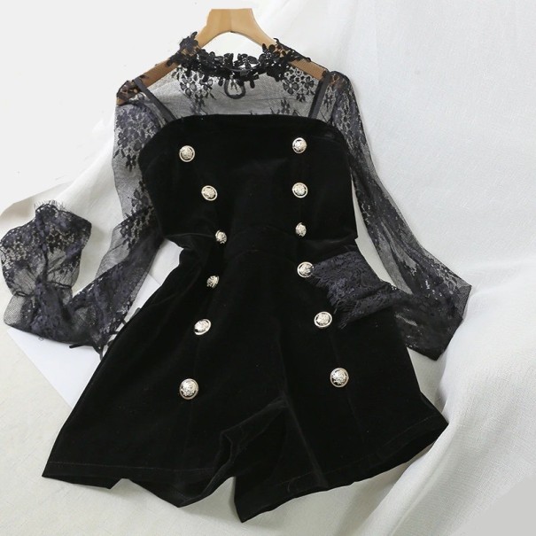 Ladies' Set Sheer Lace Blouse with Long Sleeves and Short Black Strappy Playsuit Decorative Buttons Velvet Look Polyester L