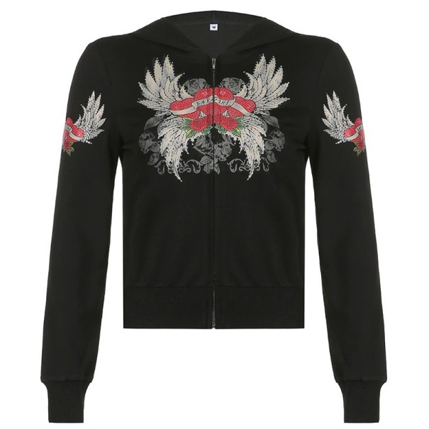 Ladies' Short Black Zip-Up Hoodie with Hood Wing and Rose Motif on the Chest and Sleeves Ribbed Hem and Cuffs Polyester with Cotton S