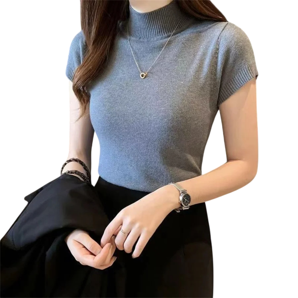 Ladies' Short Sleeve Knitted Top Elegant Fitted Cut Soft Material High Collar Suitable for Work and Casual Wear grey