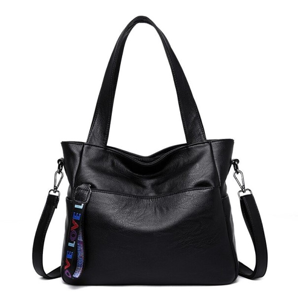 Ladies' Shoulder Bag 34 x 29 x 11.5 cm Two Handles Detachable Strap with Carabiners Front Pocket Decorative Ribbon with Inscription black