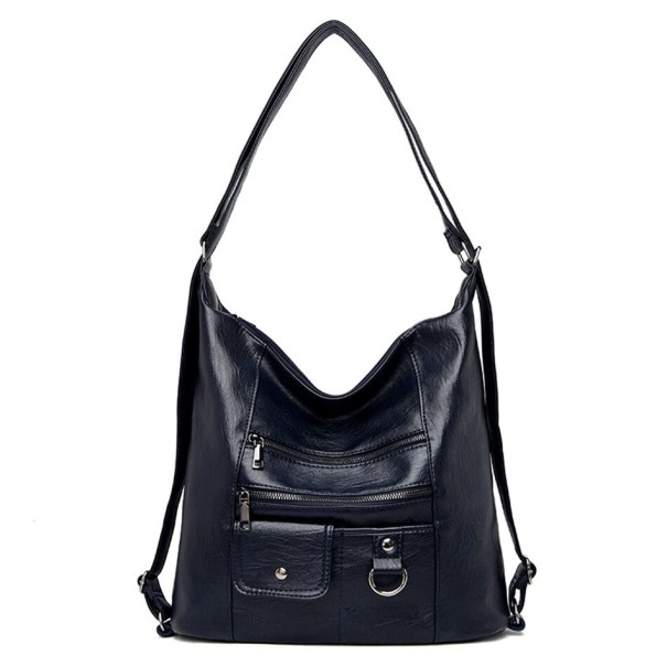Ladies' Shoulder Bag Made of Faux Leather Soft Hobo Shape Zip Pockets and Flap Pocket Long Strap with Carabiners 35 x 32 x 14 cm dark blue
