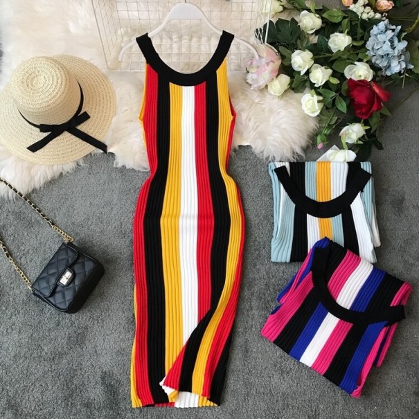 Ladies' Sleeveless Summer Jersey Dress with Vibrant Vertical Stripes Fitted Design Round Neckline with Trim Cotton Ribbed Jersey S 3