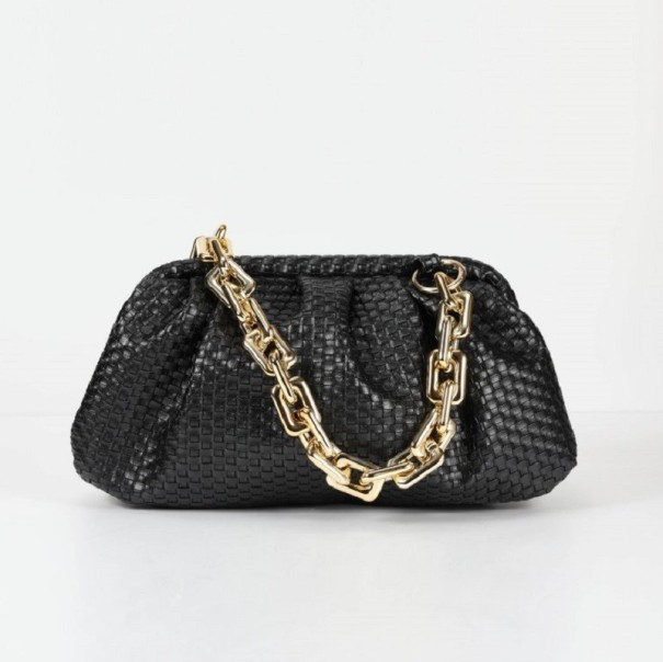 Ladies' small bag with a gathered shape and woven pattern Clutch for hand or crossbody Artificial leather PU Chain or thin strap 28 x 14 x 10 black 2
