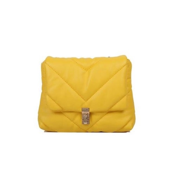 Ladies' Small Crossbody Handbag with V-Shaped Stitching Softly Padded Flap Gold Metal Fastening PU Leather 18 x 14 x 5 cm yellow