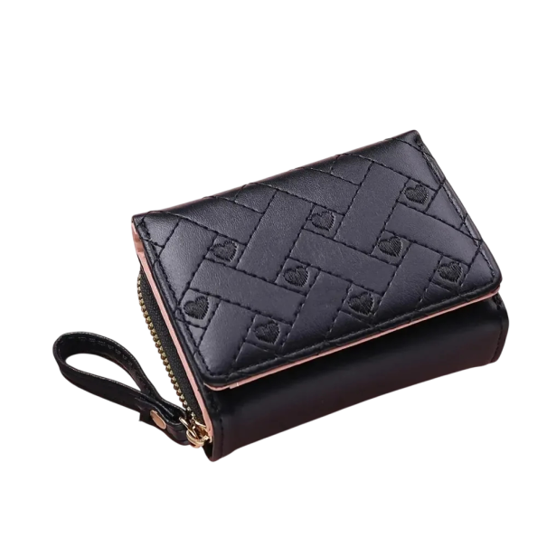 Ladies' Small Embroidered Purse 11 x 4 x 8.5 cm Zip Fastening Heart Motif Wrist Strap Compact Purse black