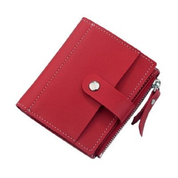 Ladies' small wallet made of PU leather with a flap fastening Metal press stud Side zip with a loop Fine decorative stitching red