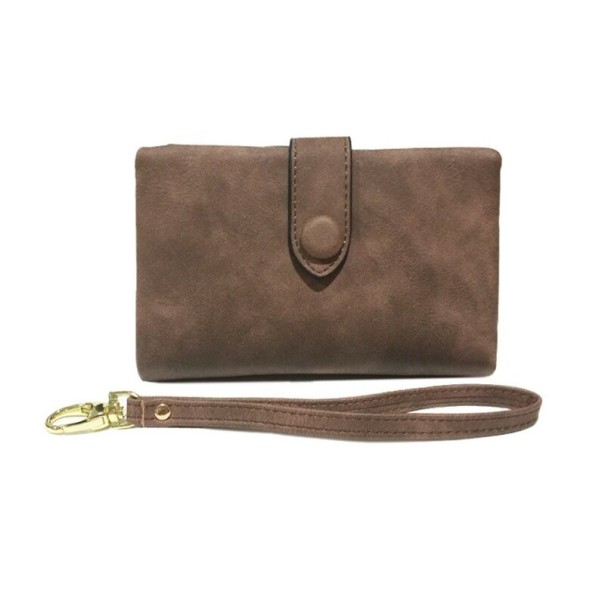 Ladies' small wallet made of PU leather with a matte finish Flap with round fastening Wrist strap with carabiner 13.5 x 9.5 x 3 cm brown