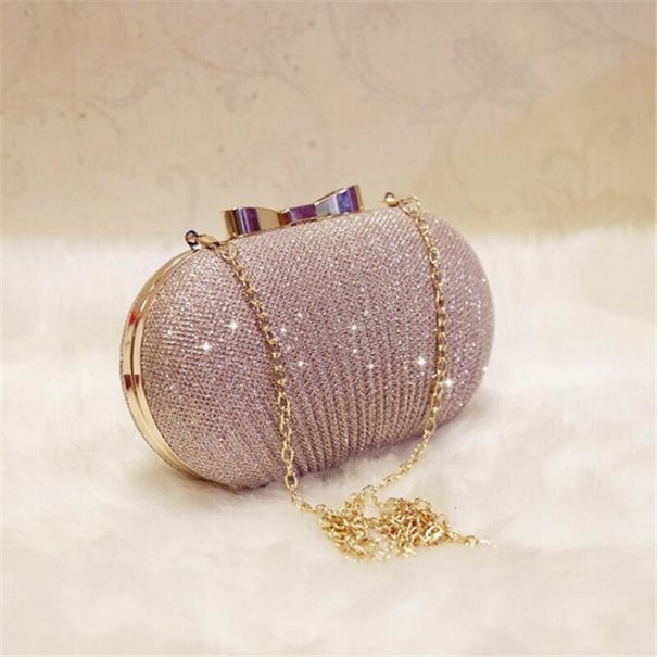 Ladies' Sparkling Crossbody Bag on a Chain Evening Clutch in Oval Shape with Metallic Bow PU Leather 20 x 12 x 4 cm Rose Gold 1