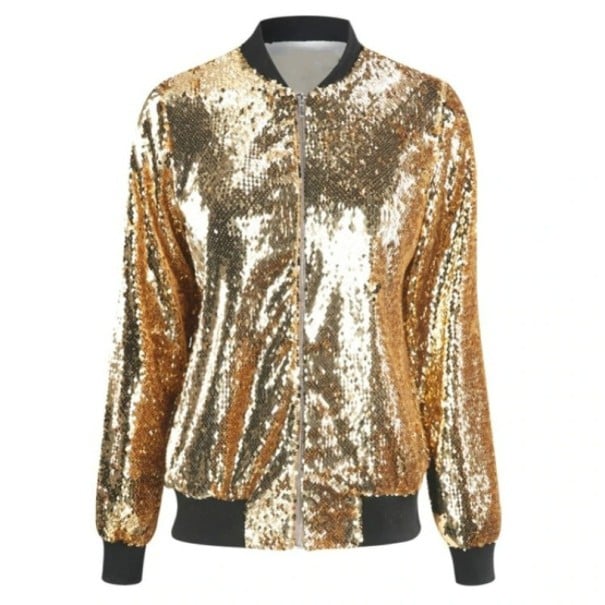 Ladies' Spring Bomber Jacket with Sequins All Over Ribbed Stand-Up Collar and Cuffs Zip Fastening Striking Sparkly Look Polyester gold L