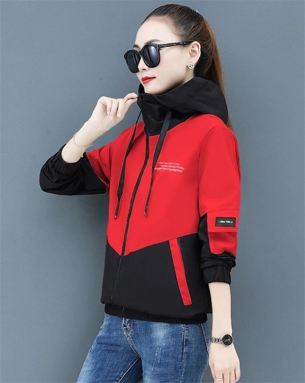 Ladies' Spring Zip Jacket Hood with Drawstrings Two-Tone Sporty Design Pockets and Patch on Sleeve Material: Polyester and Cotton XL 1